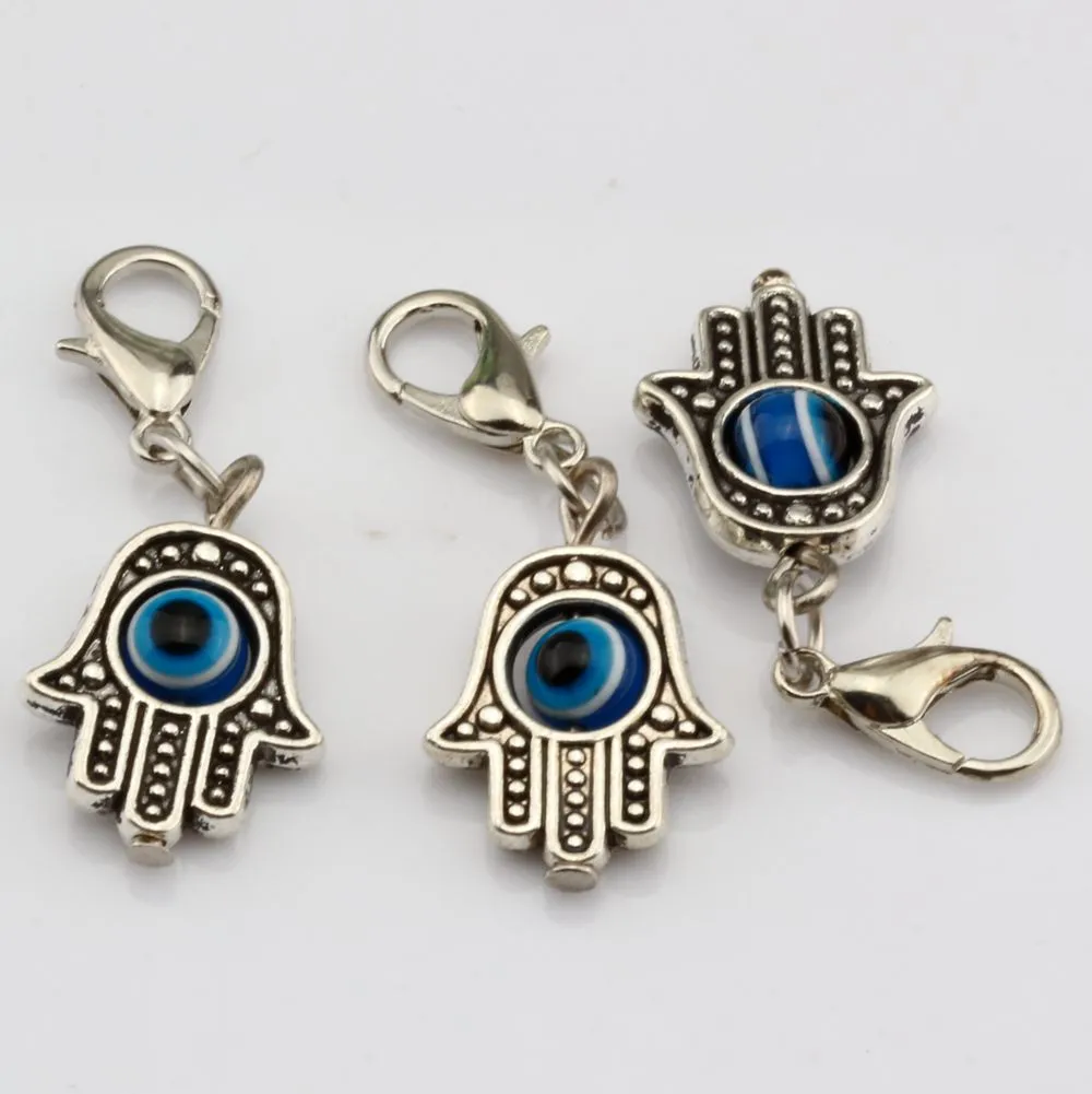 Heiß ! 100 Stück Antik Silber Hamsa Hand EVIL EYE Kabbalah Glücksbringer mit Karabinerverschluss passend für Charm-Armbänder DIY Schmuck 13 x 32,5 mm