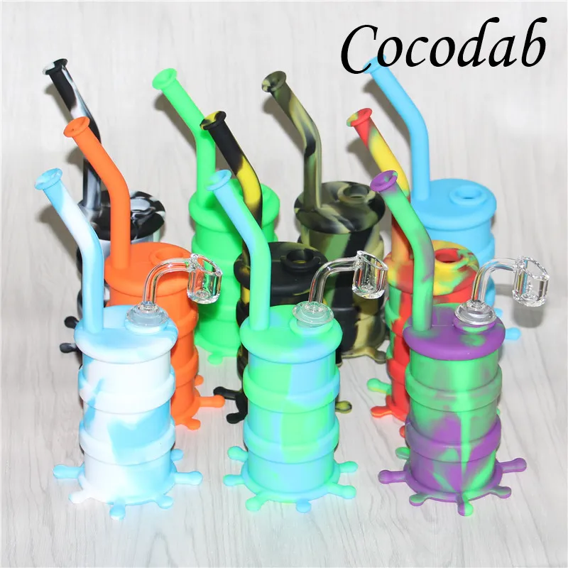 Popular Hookahs Silicon Water Rigs Silicone Drum Bong Oil Dab Rig Pipes With Clear 4mm 14mm Male Quartz Nails