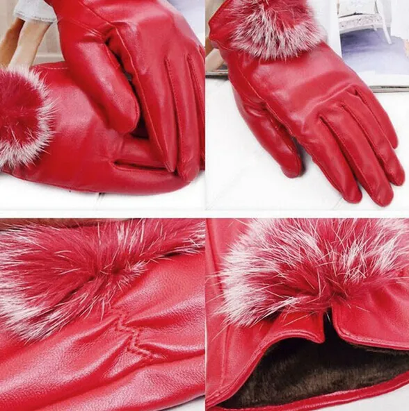 Moda Piękne Futro Ball Skórzane rękawiczki do rękawiczek zimowych Marka Luvas Kobiety Rękawiczki Rękawice Rękawice Motocyklowe Rękawiczki 5 kolorów