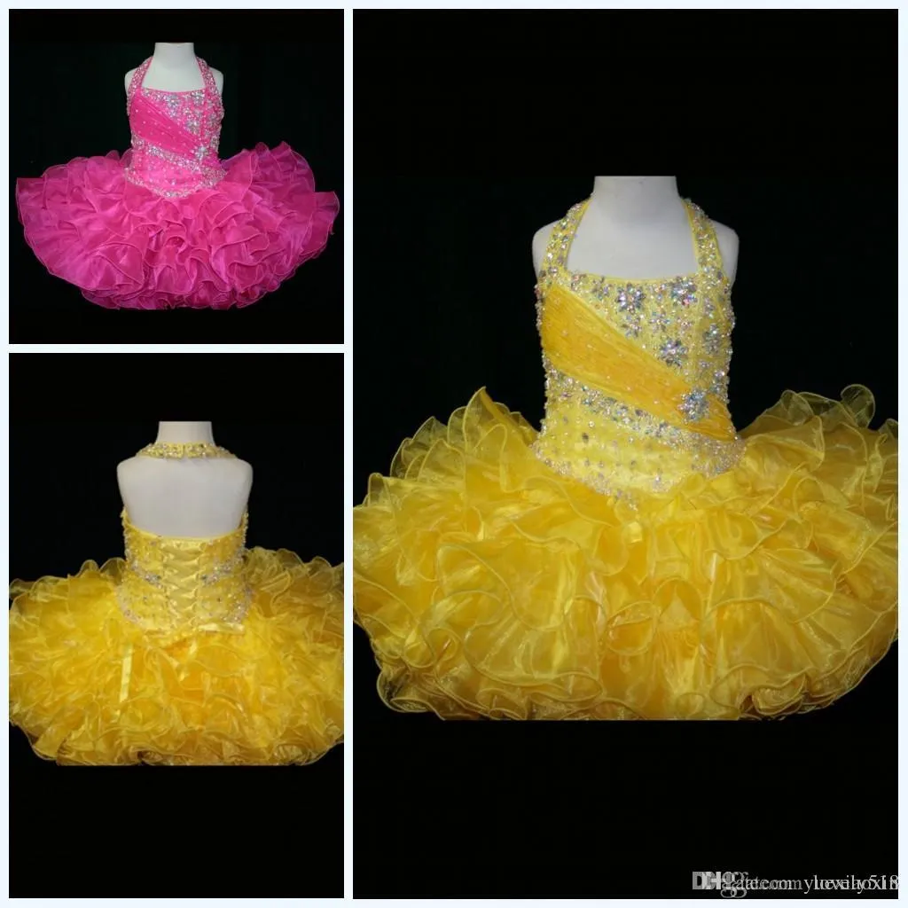 Rosa Organza Amarelo Backless Halter Flor Menina Vestidos Lace-Up Back Little Rosie Ruffles Glitz criança de alta qualidade Pageant Vestidos