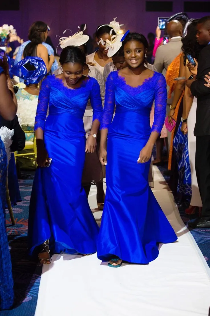 Royal Blue Mermaid Bridesmaid Klänningar med 3/4 Långärmade TAFAFETA LACE Maid of Honor Dress Wedding Party Dresses Prom Gowns 2015