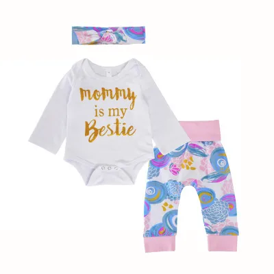 2018 Baby-Kleidungsset für Neugeborene, 3-teilig, goldfarbener Buchstabe, weißer Strampler, Overall + Blumenhose + Stirnband, Boutique-Mädchen-Set-Outfits