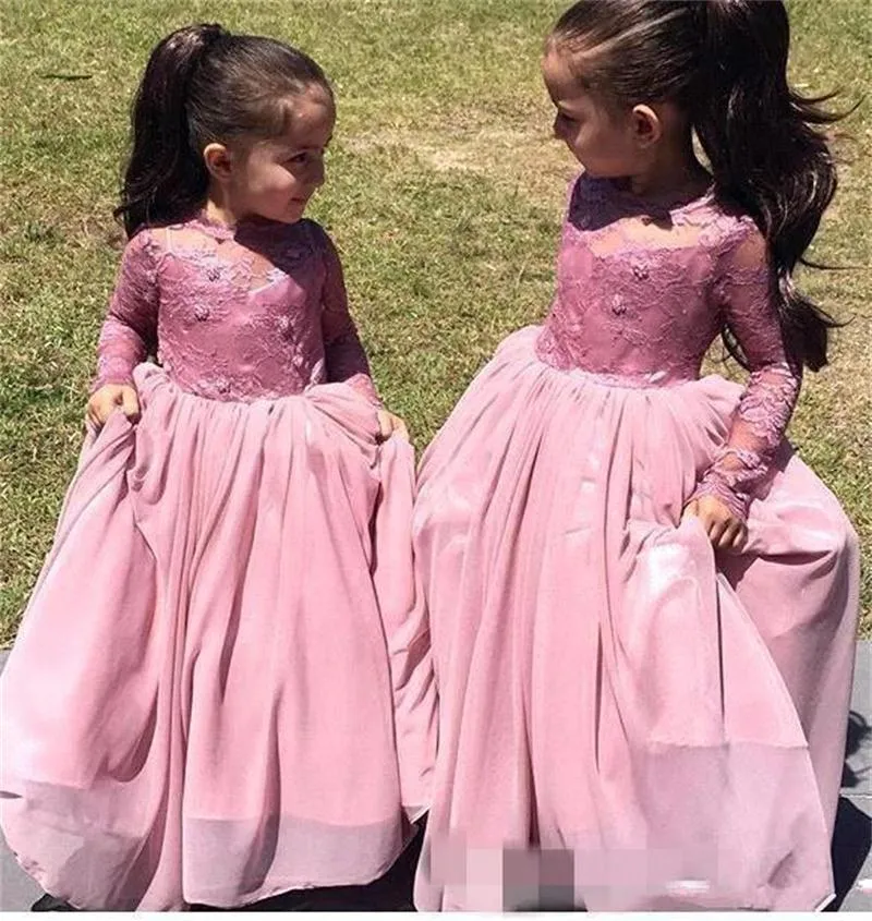 Cupcake Çiçek Kız Elbise Düğün İçin Şeftali Pembe Kız Pageant Elbise Çocuklar Uzun Kollu Communion Elbise Çocuklar Için Resmi Giymek