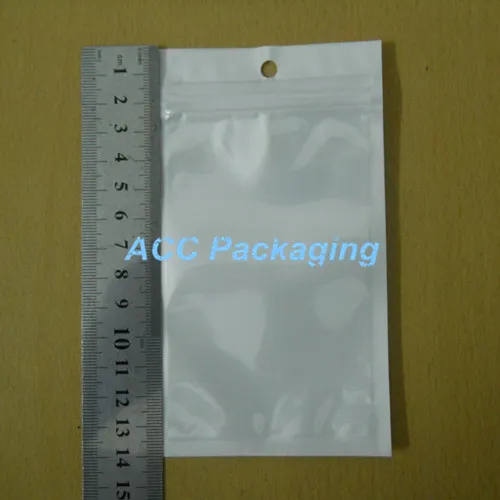 8x14 cm (3,1 "x5,5") Bianco / trasparente autosigillante richiudibile con cerniera sacchetto di imballaggio in plastica per la vendita al dettaglio sacchetto con chiusura a cerniera pacchetto per la vendita al dettaglio con foro per appendere