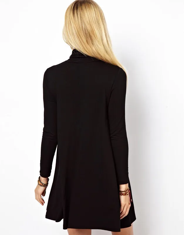 2014 Jesień Zima Nowa Moda Czarny Solidna Z Długim Rękawem Kobiety Plus Size Swing Swetry Sertigan Cute Casual Dresses
