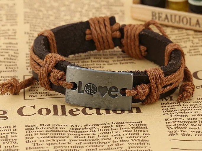 2015 latest version punk style 100% genuine leather bracelet alloy LOVE Couple Hemp rope adjustable bracelet 