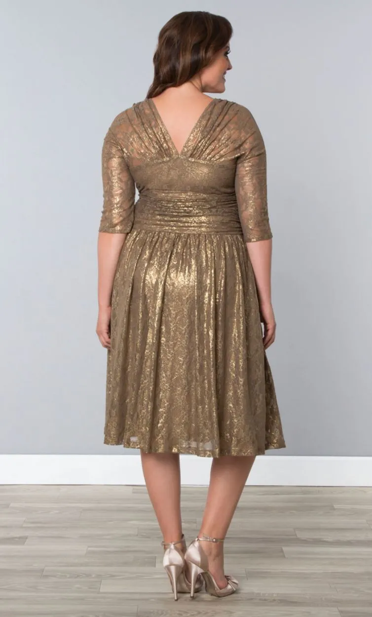 Goedkope gouden kant plus size speciale gelegenheid jurken Sheer sleeves thee lengte elegante glanzende champagne prom avondjurken met v-hals