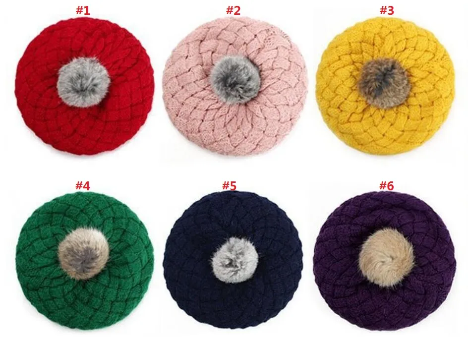 Bebé infantil que meninas Boinas Hat Handmade malha Crochet Lã Crianças Beanie Cap Inverno Kid Chapéus com Pom Pom Vermelho Bege Rosa