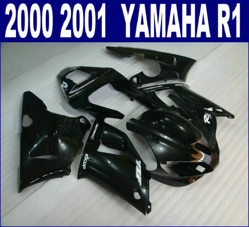 Gratis frakt ABS FAIRING KIT FÖR YAMAHA 2000 2001 YZF R1 YZF1000 00 01 Alla Glansiga Svart Plastic Fairings Set RQ43 + 7 Presenter