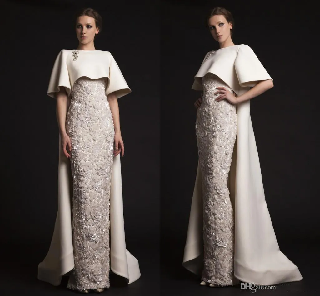 Luxury Krikor Jabotian Long Evening Dresses with Cape Beaded Appliques Elegant Evening Gowns Formal Red Carpet Dresses Evening Wear Cheap