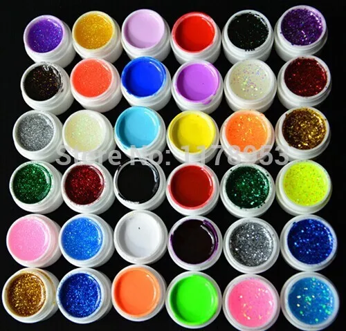 Partihandel-36 st Mix Color Pure Glitter Hexagon Plåt UV Builder Nail Gel för Nail Art Tips Set