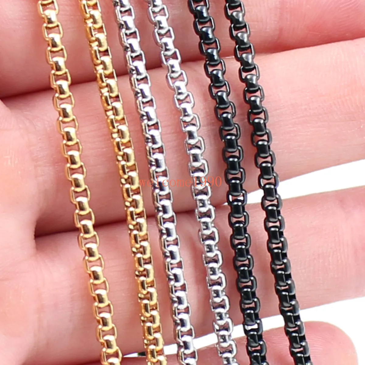 Wholesale 5pcs jewelry wide 3mm Box Rolo Chain Necklace Stainless Steel Fashion Men's Women Jewelry Silver / gold / black 18 inch-32 inch