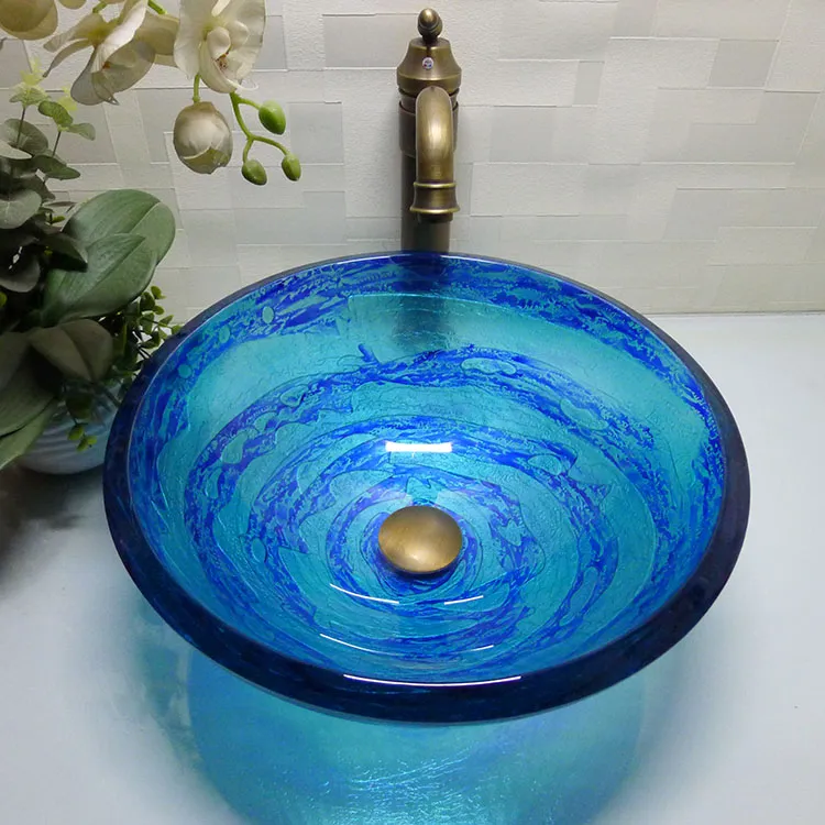 Bathroom tempered glass sink handcraft counter top round basin wash basins cloakroom shampoo vessel bowl HX007