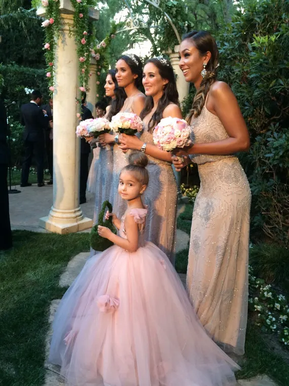 Blush Pink Vestidos para niñas de flores Apliques Correas espaguetis Vestido de fiesta Volantes Vestidos de desfile de tul para niñas Vestidos largos para niñas para boda