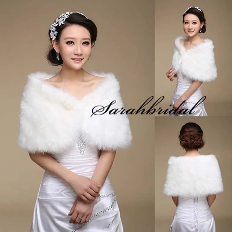 2020 New Cheap Bridal Thick Wraps White Ivory Long Faux Fur Shrug Cape