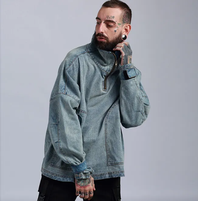 2018 New Men Fashion Jean Coats Turtleneck Oversize Loose Casual Coat Light Blue Vintage Jackets