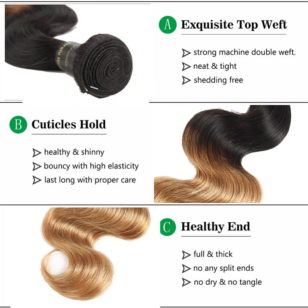 Ombre 브라질 버진 바디 Wavestraight 헤어 블론드 레이스 묶음 묶음 1B27 Ombre Human Hair Bundle 레이스 클로저 2194460