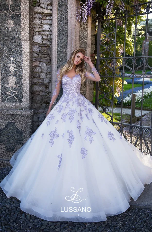 Charming Lavender Lace Appliqued line a wedding dress with Sheer Neck and Long Sleeves - Plus Size Bridal Gown with Illusion Back