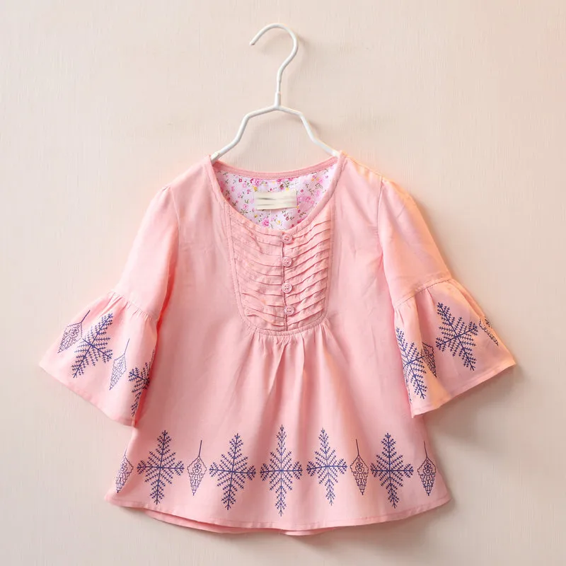 2016 Spring Kids Girls Ruffle Cotton Shirts Baby Girl Wide Sleeve Print Trees Jumper Tops Babies