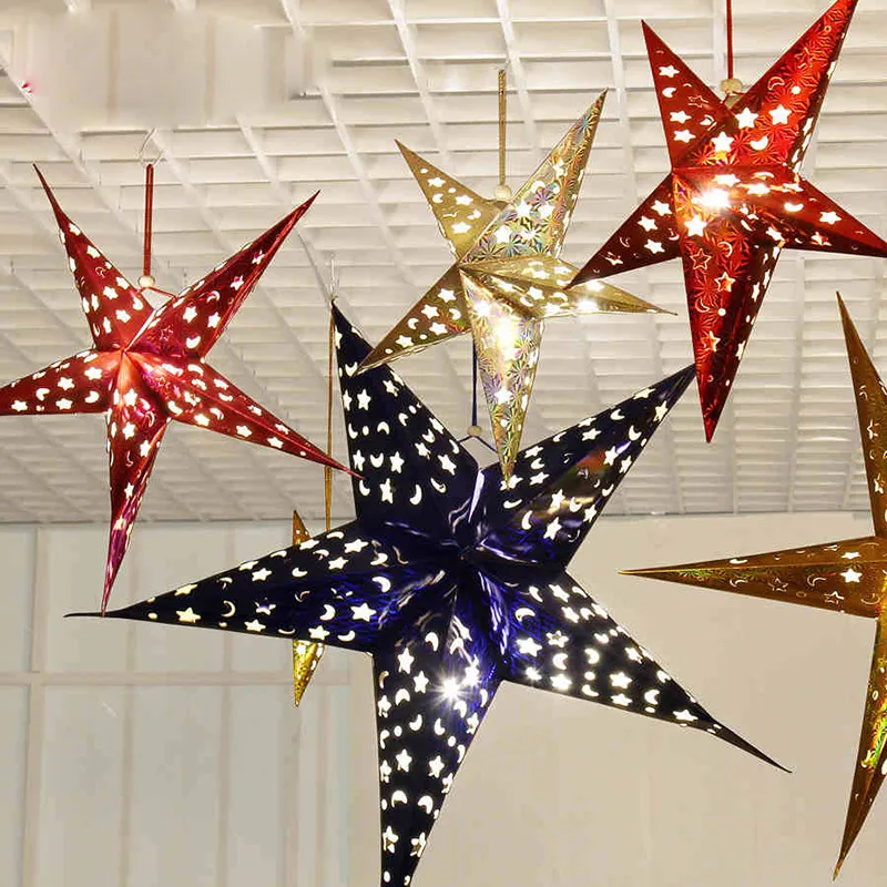 Kleurrijke Shiny Craft Paper Star Hollow lampenkap Lantaarns Star Shape Party Decoratie voor Kerst Huwelijk Party Lampenkap Decoratie