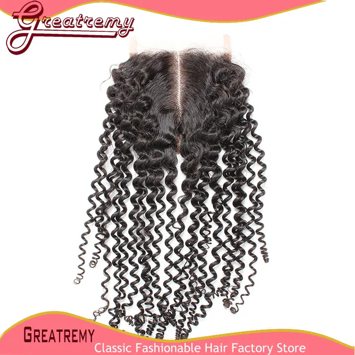 Grearemy 100% obearbetade indiska malaysiska peruanska jungfrubuntar med topplåsning 4 * 4 Hårstycke Curly Wave Middle Part Hair Extension