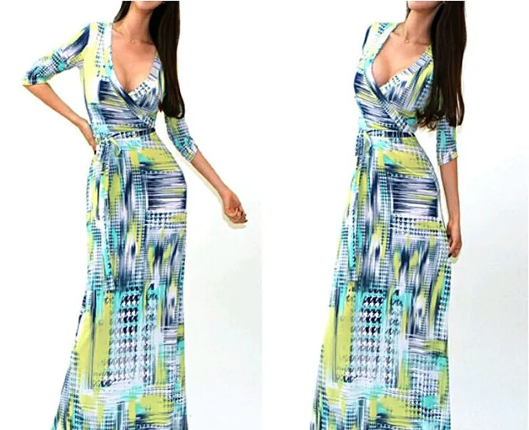 2015 Fashion New Maxi Dresses for Womens Summer Party Evening dress Clothes V-Neck Sexy Floral Printed Dresses Women Casual dresses xl