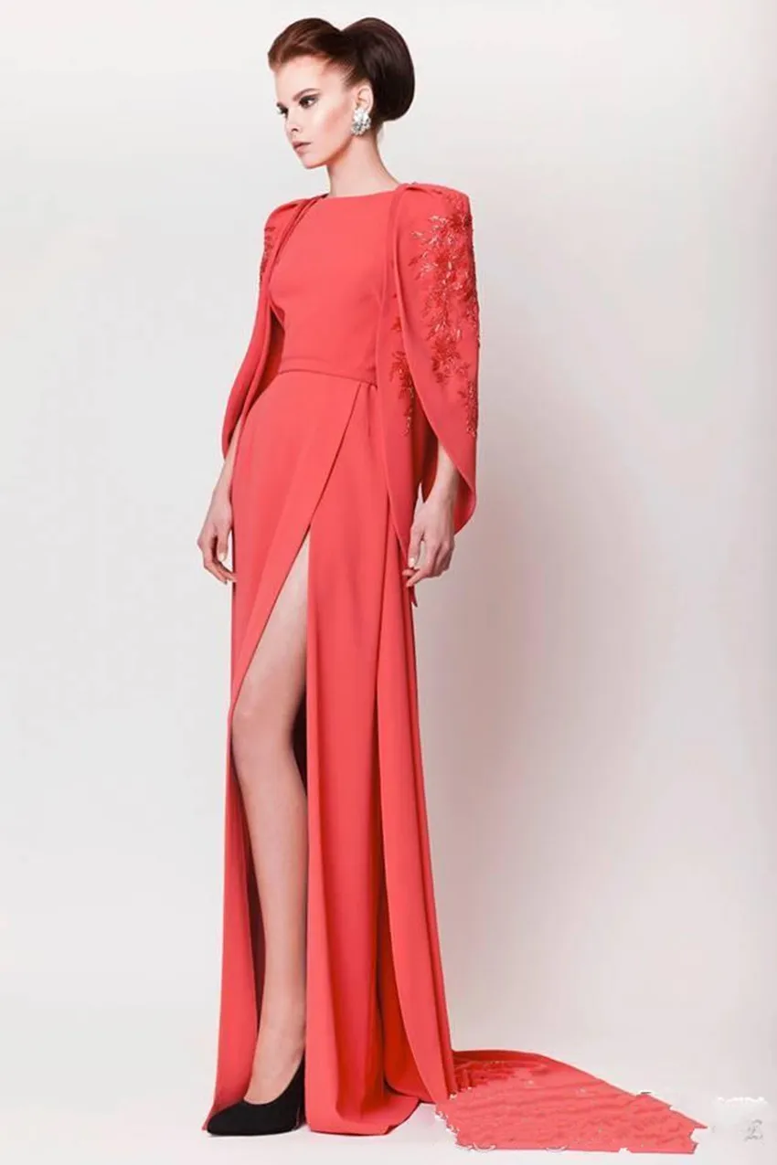 New Middle East Women Formal Evening Dresses with Cape Crew Aline Court Train Coral Arabic Kaftan Side Slit Robe De Soiree Embroi9033343