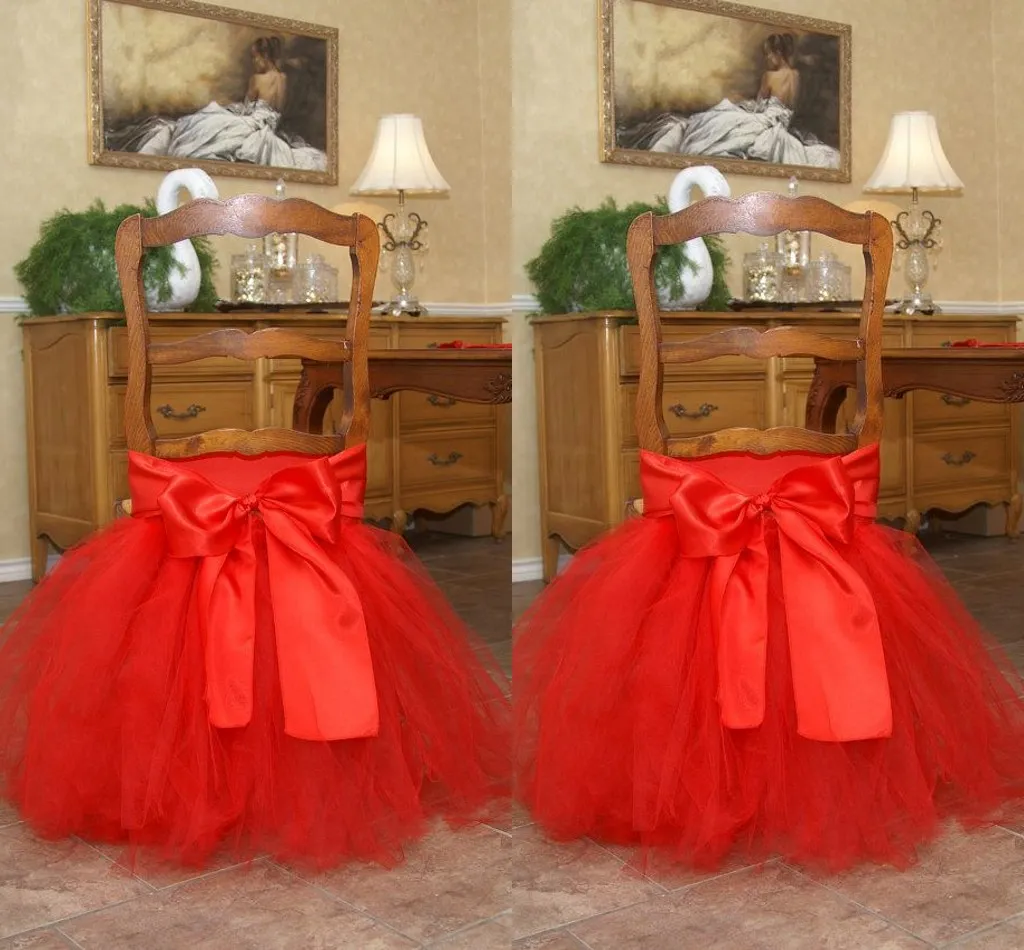 Rode tutu tule stoel sjerpen satijnen boog made-to-order stoel rok mooie ruches bruiloft decoraties stoel covers verjaardag feestartikelen