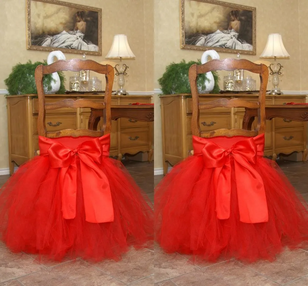 Ceintures de chaise en tulle Tutu rouge, nœud en satin, jupe de chaise sur commande, jolis volants, décorations de mariage, housses de chaise, fournitures de fête d'anniversaire