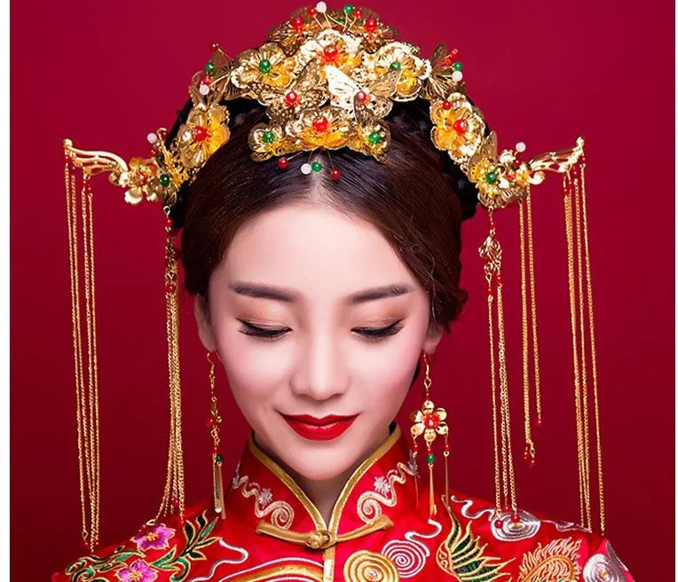 Blue Princess Bride Wedding dress show Chinese retro dress gown dragon hair Coronet Wo costume suit headwear accessories5115758