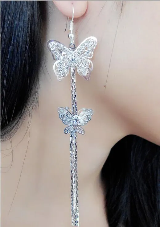 Musujące posrebrzane biżuteria panna młoda Diamentowe Motyl Kolczyki Crystal Double Butterfly Długi Tassel Kolczyk Dla Kobiet Party Ucha Biżuteria