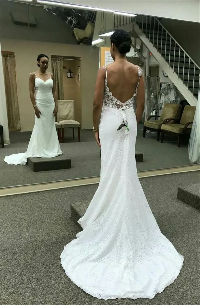 Simple Dentelle Spaghetti Plage Robes De Mariée Sexy Dos Nu Sirène Robes De Mariée Balayage Train Pas Cher Femmes Vestidos Livraison Gratuite