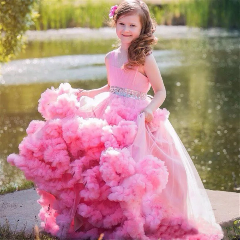 Vestido de niña de flores con volantes en la nube para bodas, vestido de princesa de tren grande rosa Vintage para madre e hija, vestidos de noche de 1er cumpleaños