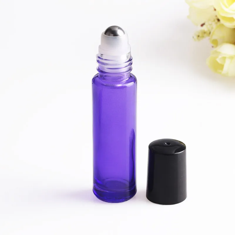 Gratis frakt Svart / rosa / grön / lila 10ml Essential Oil Roller Ball Flaskor Partihandel Parfym Glas Roll på Tom Flaska / 