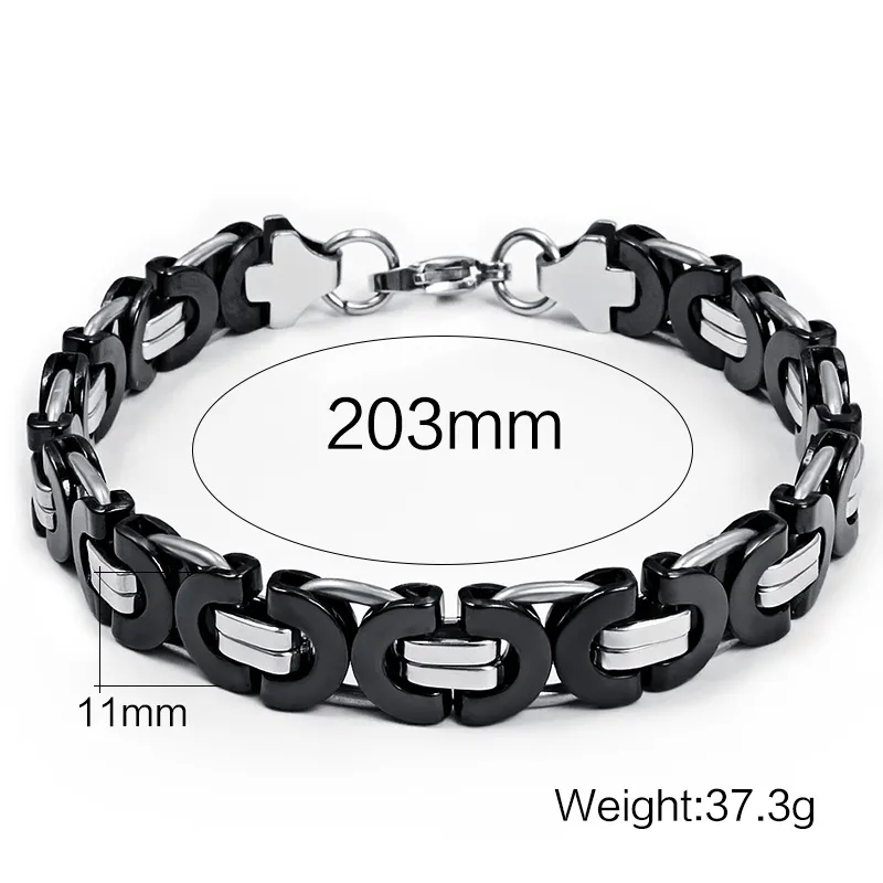 Fashion Style Top Selling Classical Handmade 8mm Stainless steel Silver Black Two Tone Flat Byzantine Chain Bracelet 8.66''