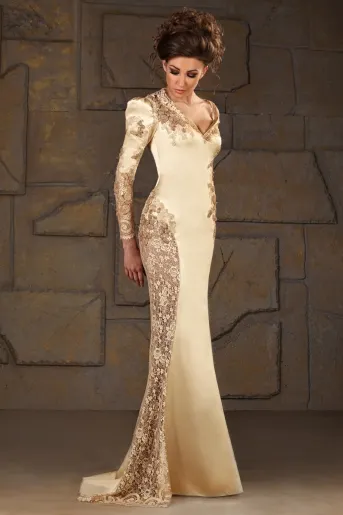Vintage V-neck Mermaid Satin Long Sleeve Applique Sequin Gold Evening Gowns Formal Modest Mother Of The bride Dress 2014