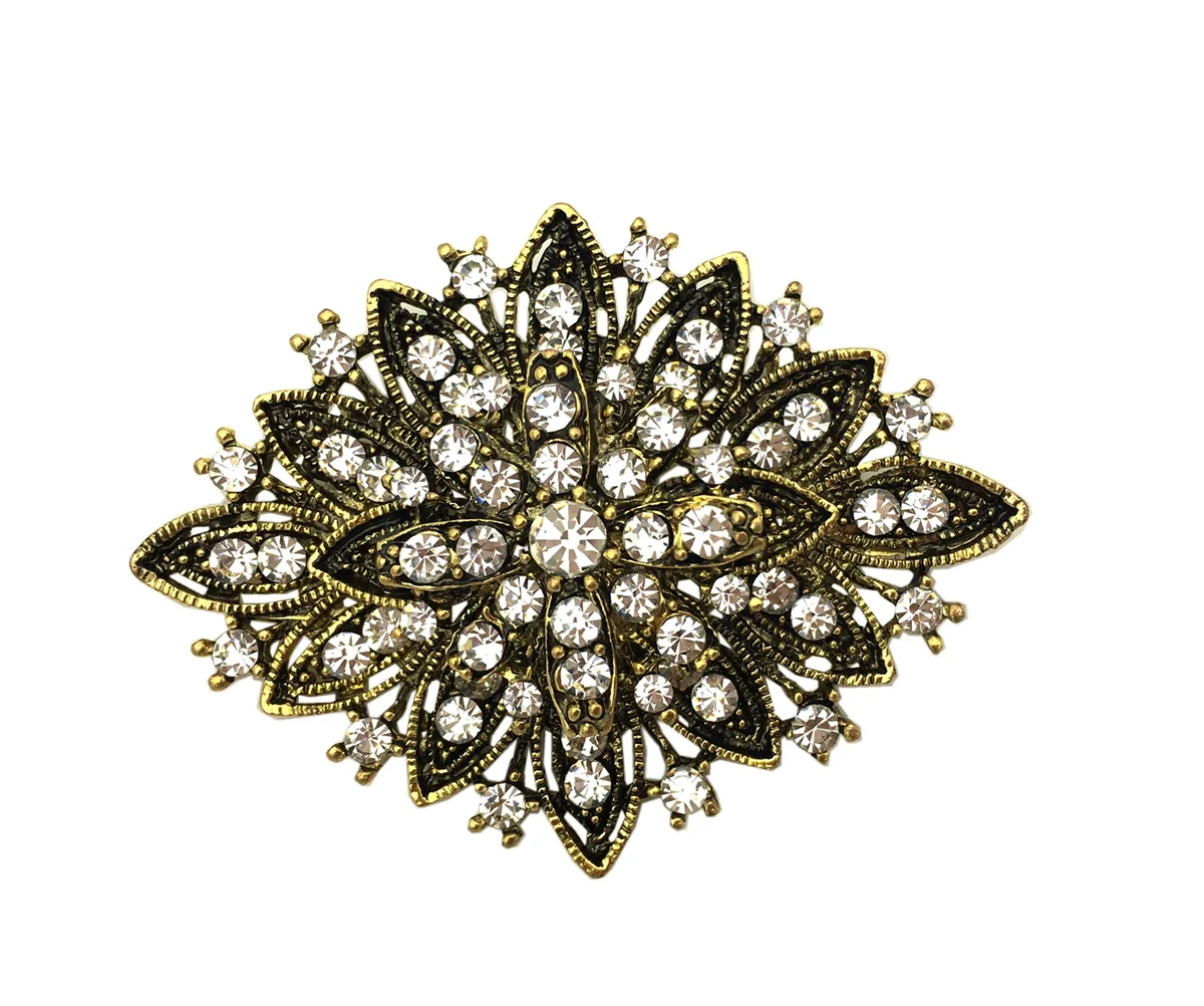 2 Inch Vintage Style Antique Gold Clear Rhinestone Crystal Diamante Wedding Party Brooch Women Jewelry