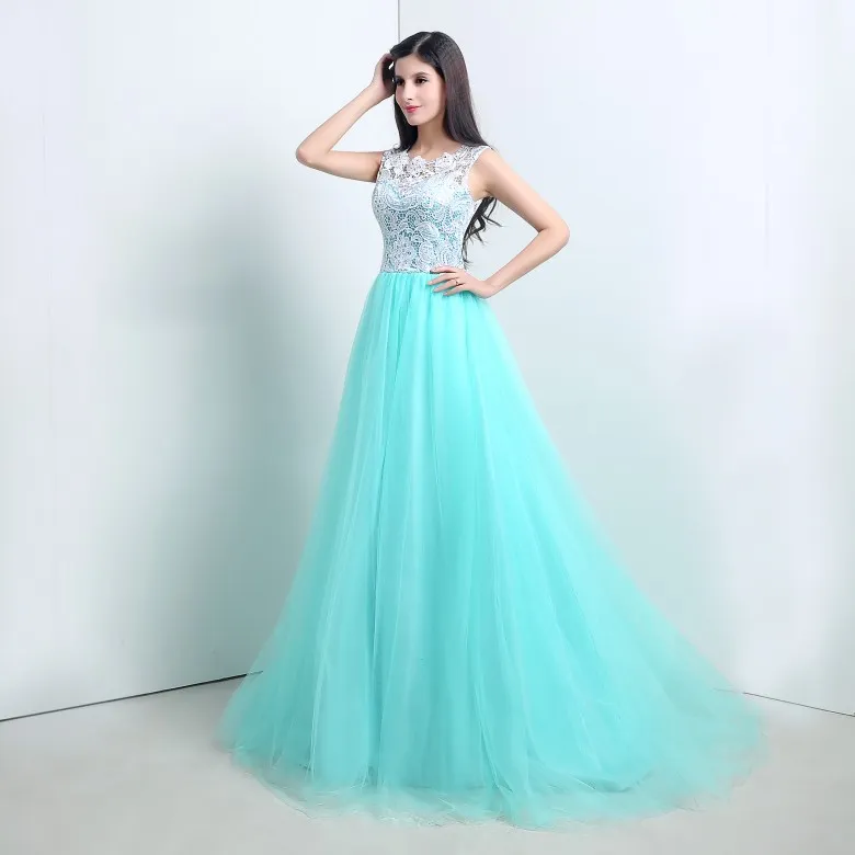 2015 New Stock Elegant A-Line Mint Green Lace Evening Dresses With Appliques Floor-Length Cheap Prom Party Gowns Vestidos De Festa290l