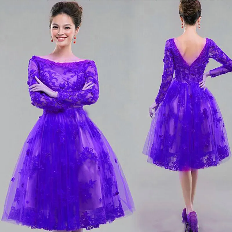 Vintage Lace Appliques Long Sleeves Party Dresses A Line Bateau Neckline Illusion Knee Length Short Tulle Prom Gowns Royal Purple Fuchsia