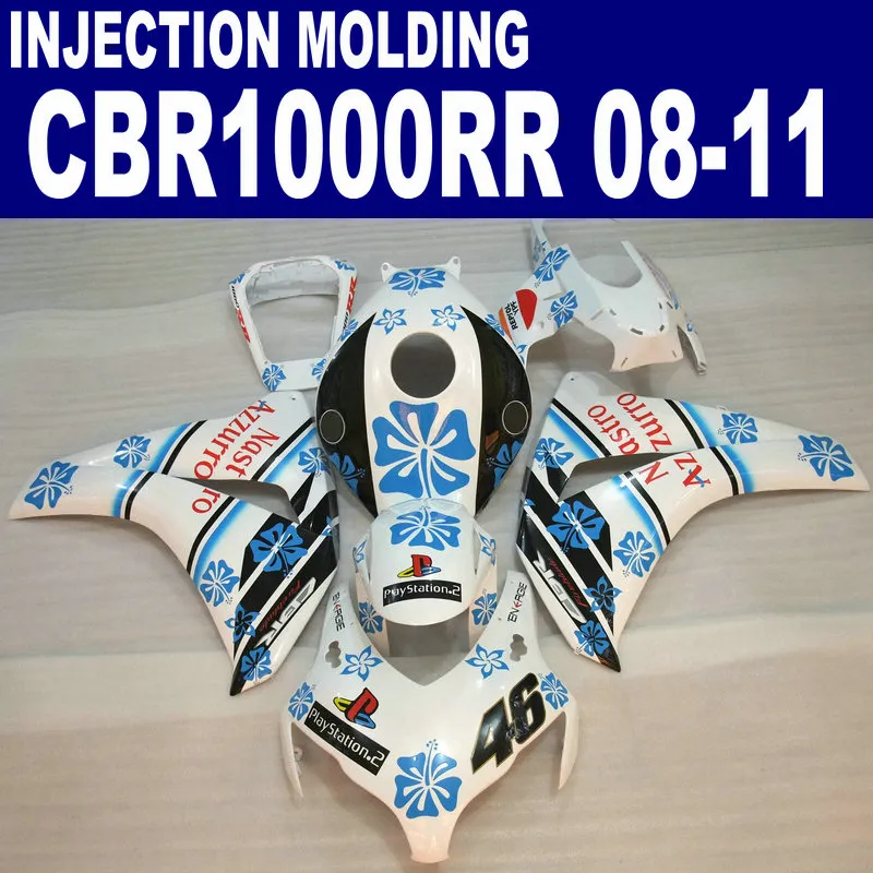 Honda CBR1000RR Fairing Kit 2008 2009 2011ブラックブルーホワイトCBR 1000RRプラスチックフェアリゾート08 09 10 11 #U22