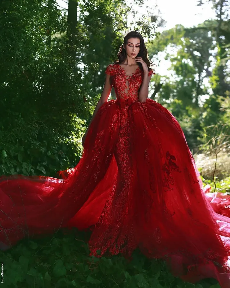 Red Mermaid Formal Gown Red Dress with Detachable Train, Lace Applique, Beads, and Sweep Train - Perfect for Prom, Formal Events, or Parties