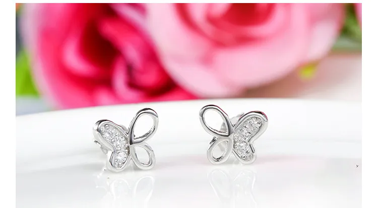 925 Sterling Silver Stud Earrings Fashion Jewelry Little Butterfly Diamond Crystal Elegant Style Earring for Women Girls High Quality