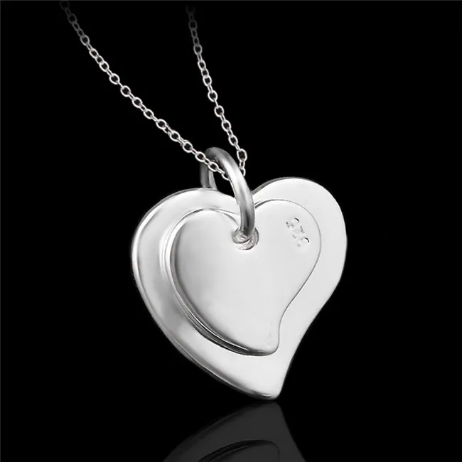 Cheap fashion jewelry 925 sterling silver double heart pendant necklace Valentine's Day gift for girls free shipping