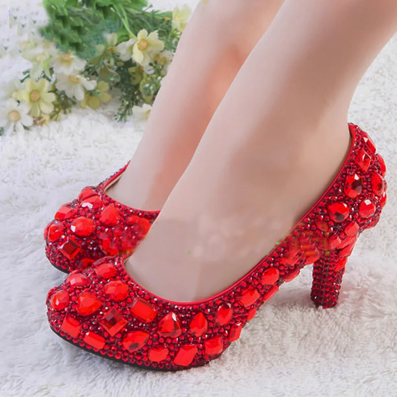 Красный горный хрусталь на каблуках женские хрустальные туфли на высоком каблуке Свадебные туфли на платформе Золушка Валентина платье размер обуви 9 10 11