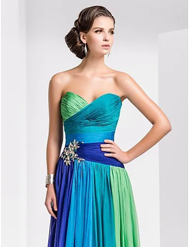 Colorful Chiffon Blue Strapless Prom Dress With Crystal Beaded