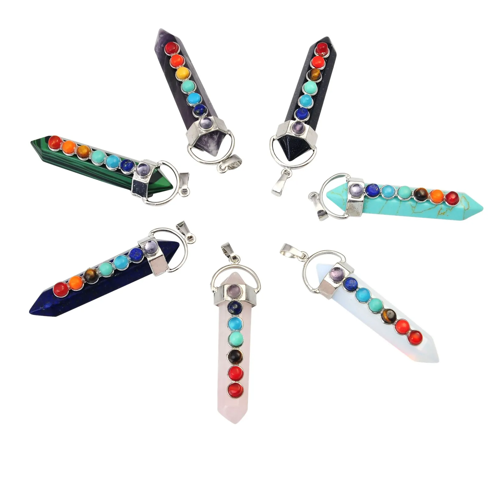 7 Chakra Gemstone Natural Hexahedron Reiki Crystal Beads Charms女性ジュエリーネックレスペンダント