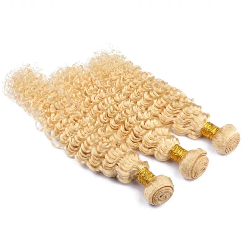 Vague profonde 613 tissages de cheveux avec 360 fermeture frontale Bleach Blonde cheveux bouclés profonds 3 paquets avec 360 dentelle frontale 225x4x23006045