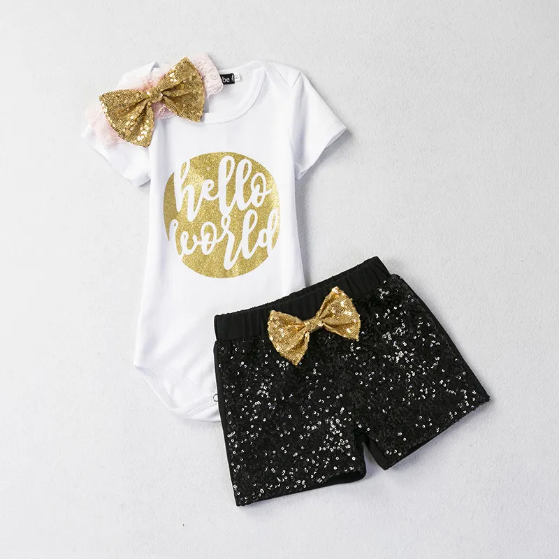 Cute Baby Girl Clothes Summer Short Sleeve Letter Printed Baby Rompers Tops + Sequin Shorts + Headband Girls Outfit Set Kids Clothes