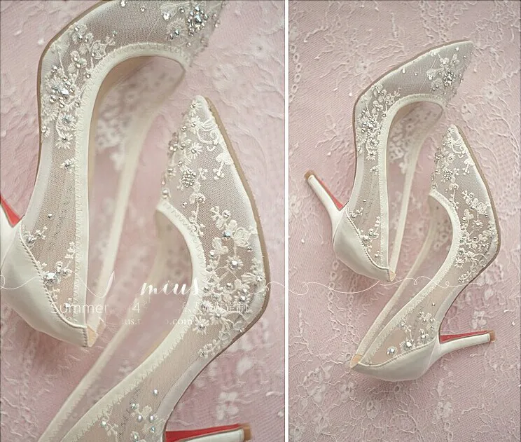 Mooie Hoge Hak Trouwschoenen Kant Rhinestone Spring Bridal Jurk Schoenen Sexy Hollow Transparent Puntige Toe Prom Formele Jurk Schoenen