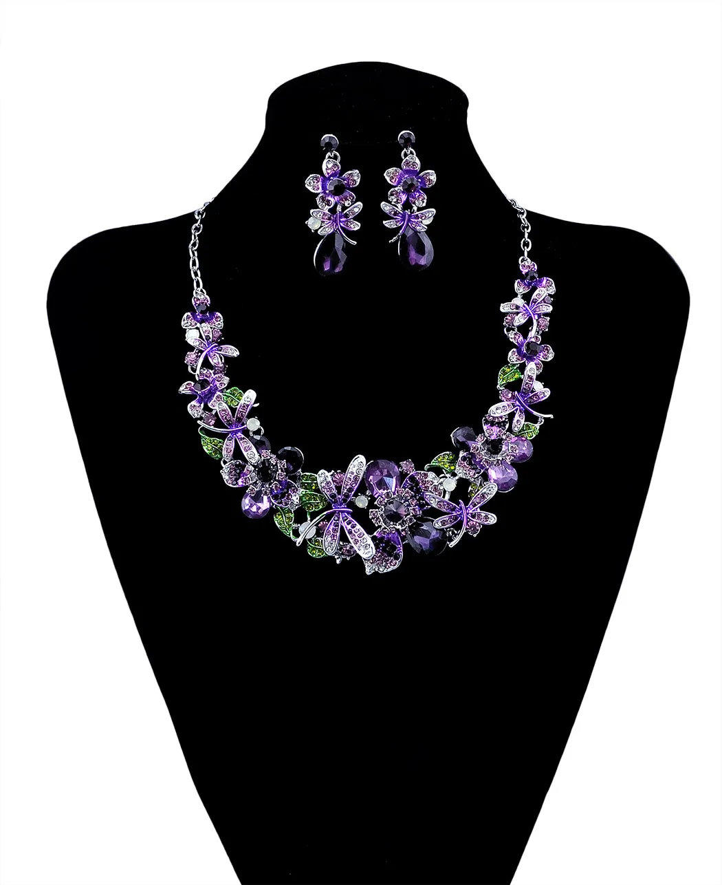 Mode Koreanischen Stil Silber Kette Bunte Charme Strass Schöne Blume Libelle Bib Aussage Halskette Und Ohrringe Set Frauen Schmuck